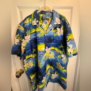 Blue and Green Casual Button Down Shirt with Tropical Print